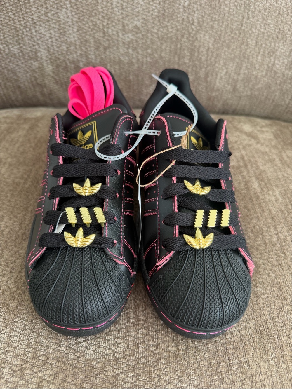 NWT Adidas Black and Pink Women's Sneakers with Gold Accents - Picture 2 of 6